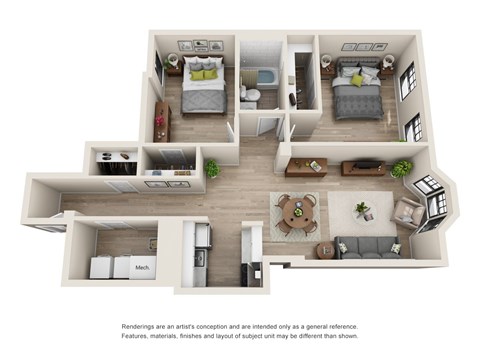 Floor plan for 2 beds, 1 bath, 849 sqft